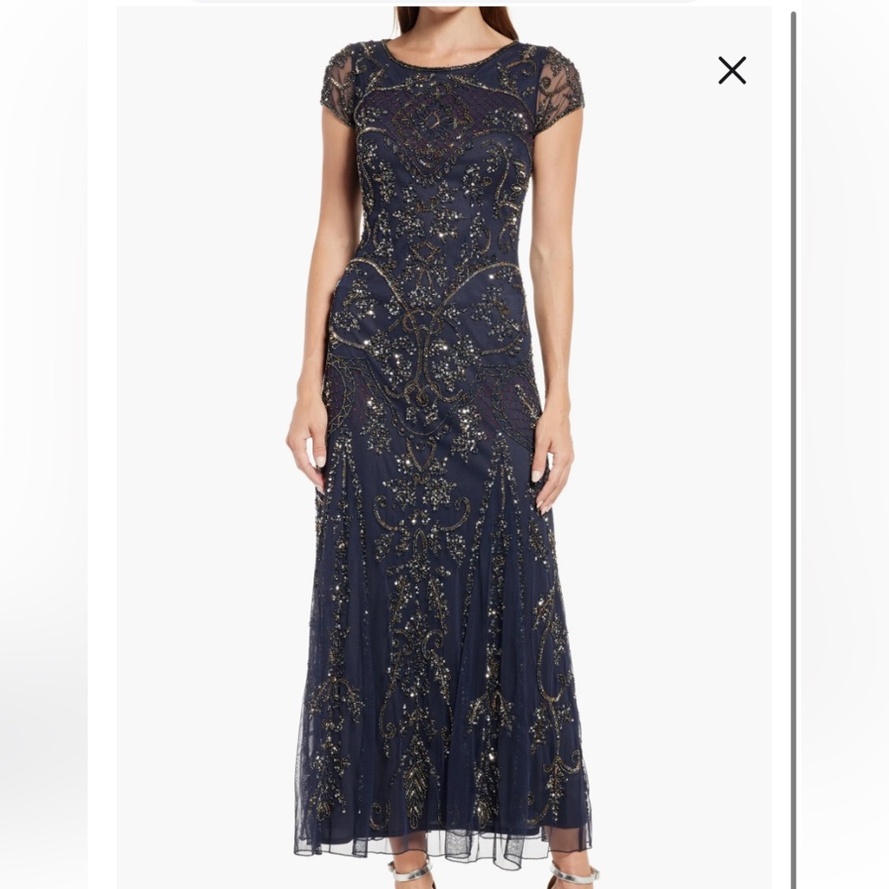 NWTs Pisarro Nights Beaded Navy Blue Formal Maxi Dress Size 14